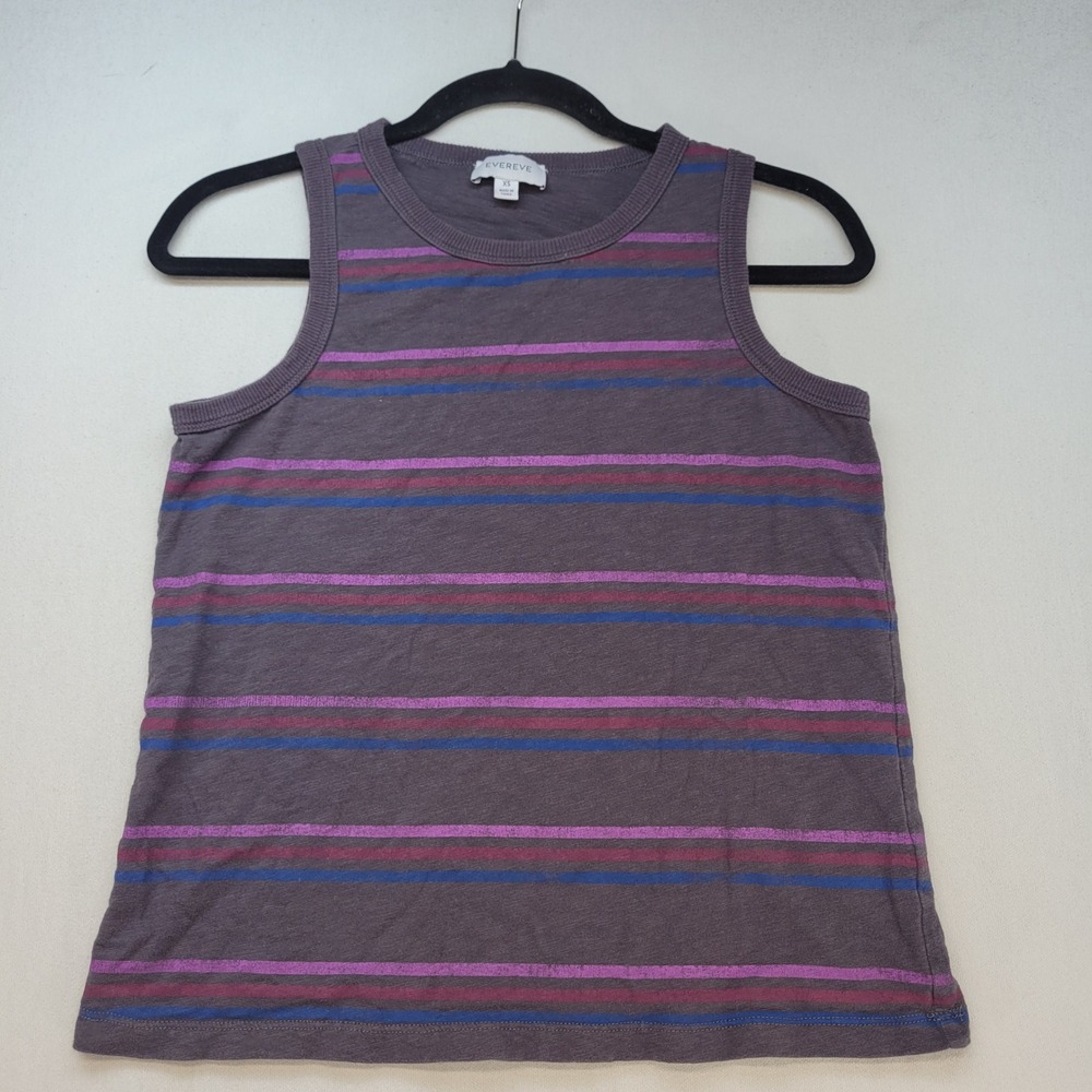 Evereve Tank Top Women Small Gray Purple Blue Striped Racerback Ribbed Trim